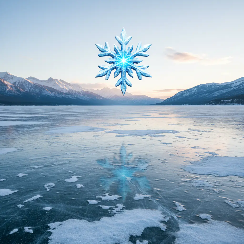 Frozen lake landscape with snowy mountains