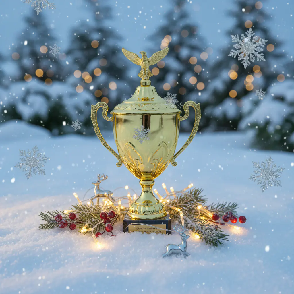 Golden trophy cup in snow